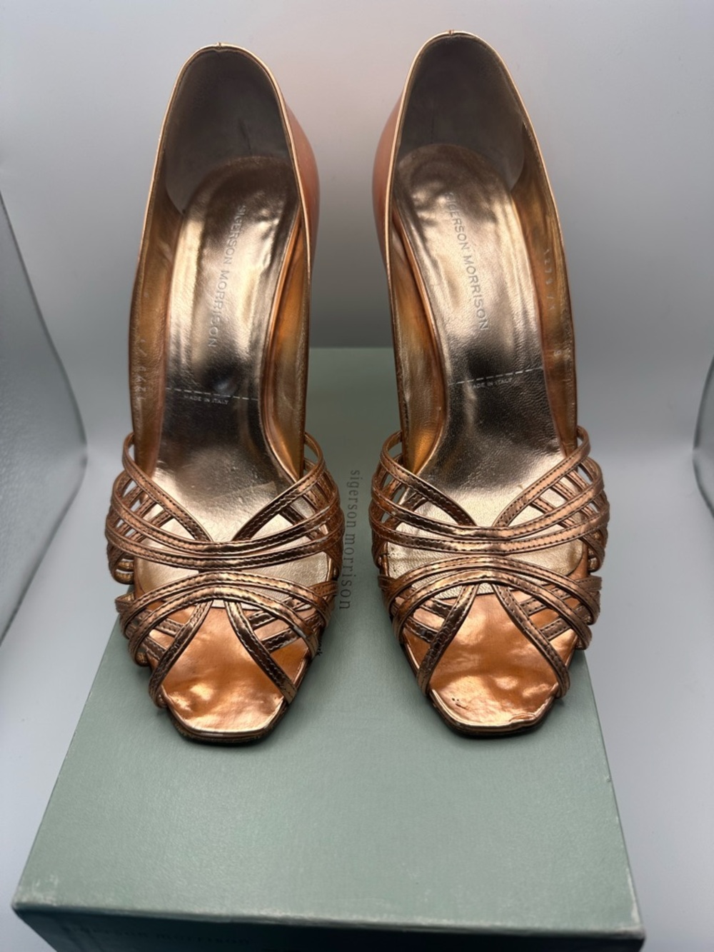 Sigerson Morrison Liquid Copper Metallic Strappy Peep-Toe Heels